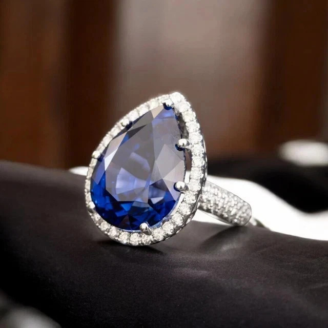 5.20Ct Pear Cut Natural Blue Sapphire & Diamond 14K White Gold Engagement Ring