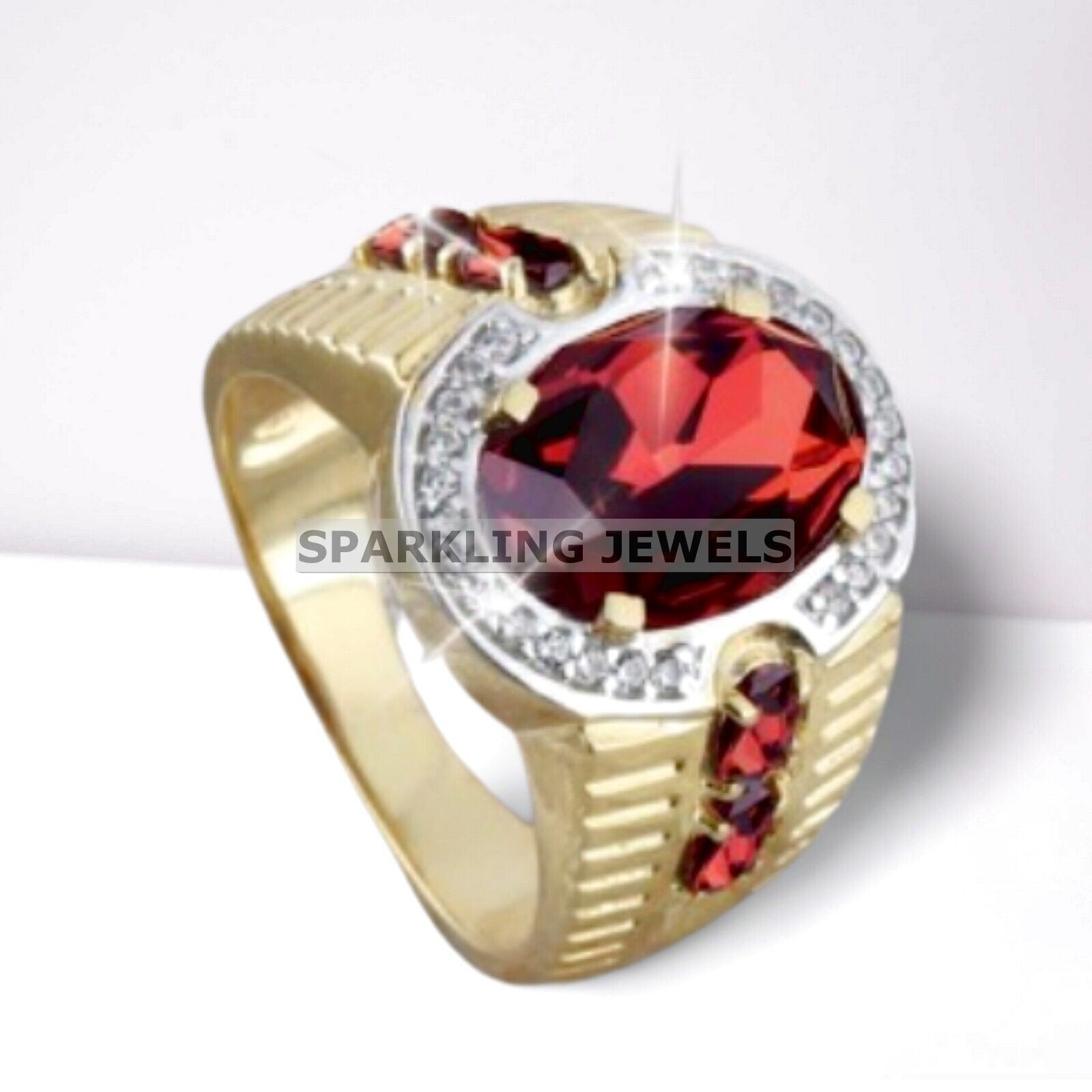 Vivid Garnet Oval With 925 Sterling Silver Gold Plated Ring For Men #C508 #