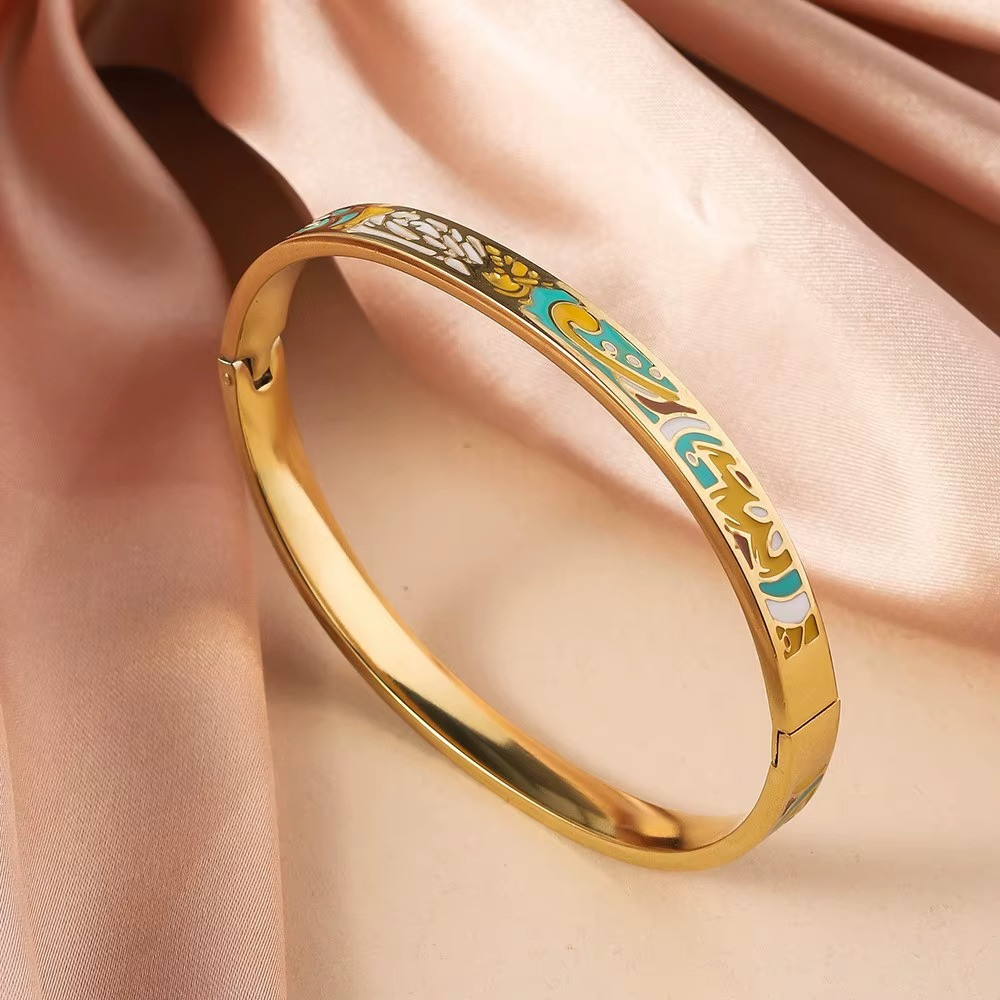 Stainless Steel Enamel Cuff Bangle Women Gold Tone Geometric Round Jewelry