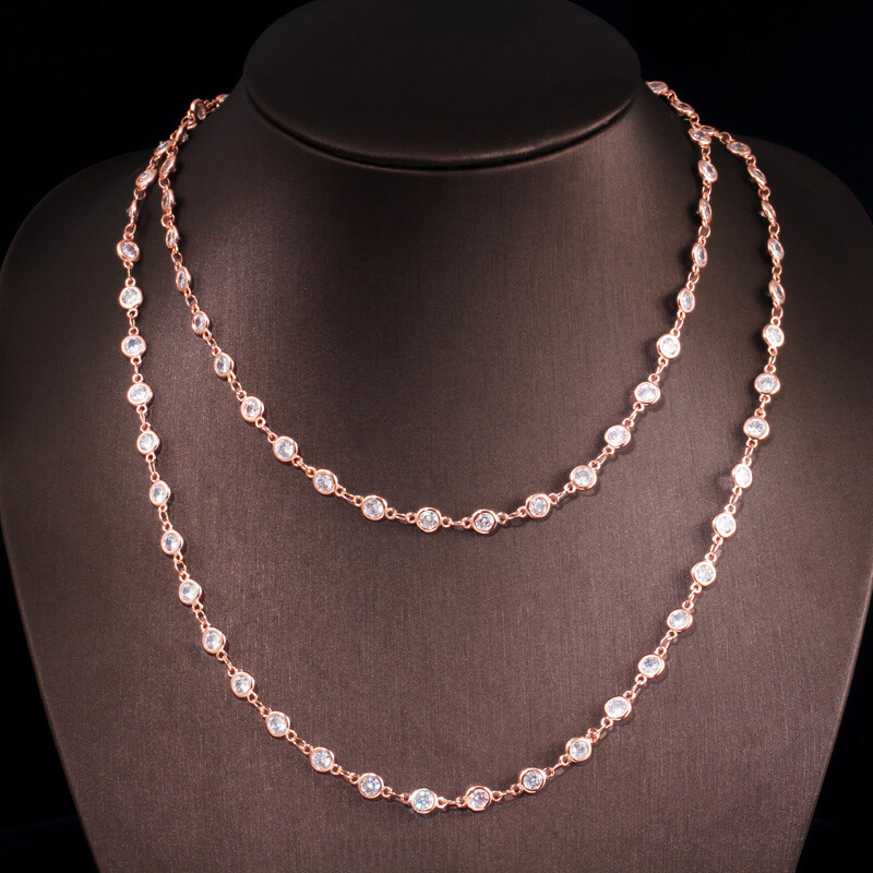 CZ Chain Link Long Choker Necklace Costume Rose Gold Plated Jewelry Accessories