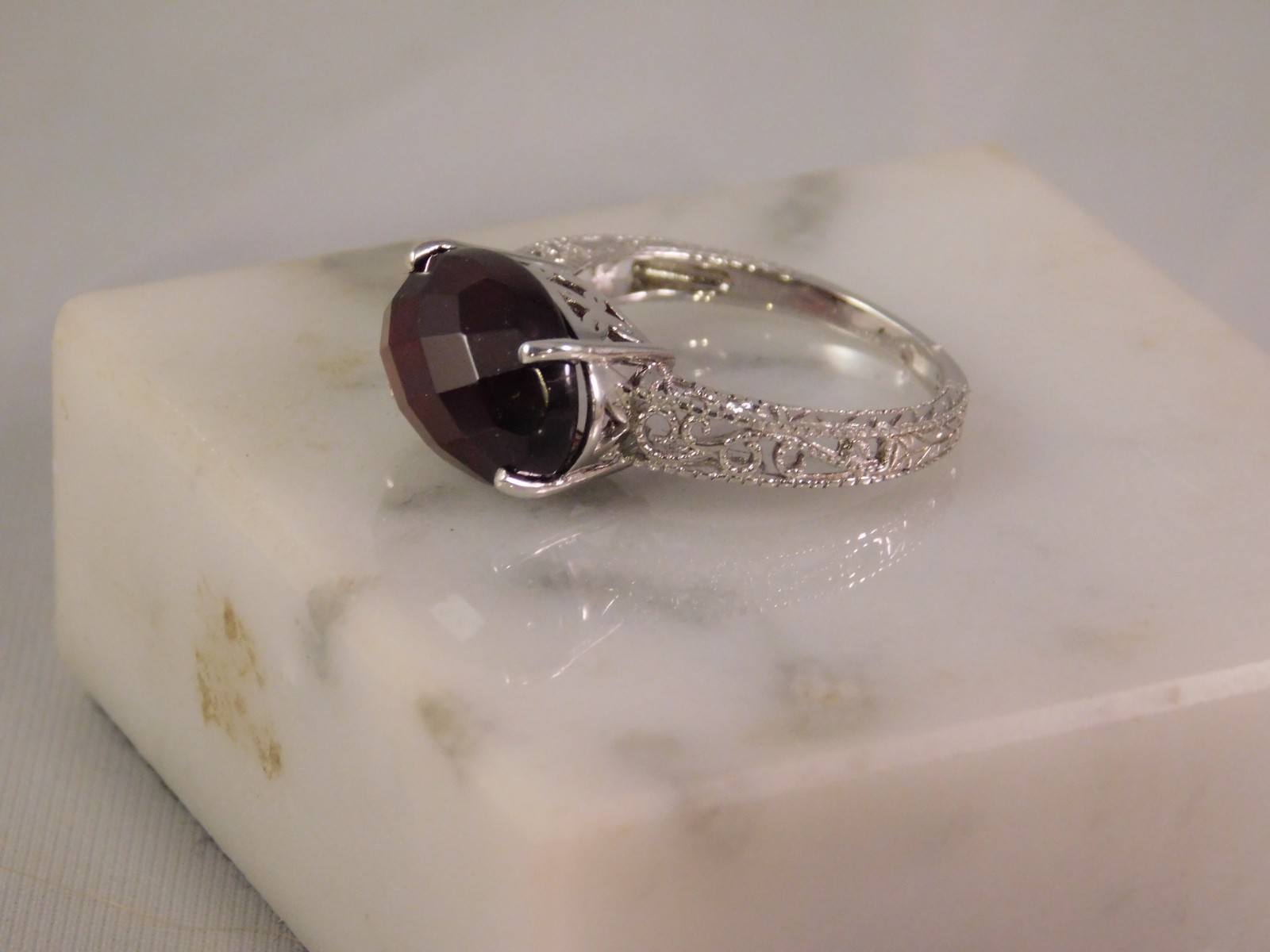 6.80 Ct. Oval Red Rosecut Garnet Ring 1920’s Style Sterling Silver Filigree