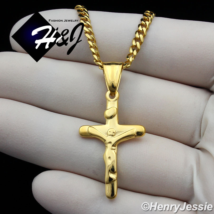24″MEN Stainless Steel 3mm Gold Plated Cuban Curb Chain JESUS Cross Pendant*GP12