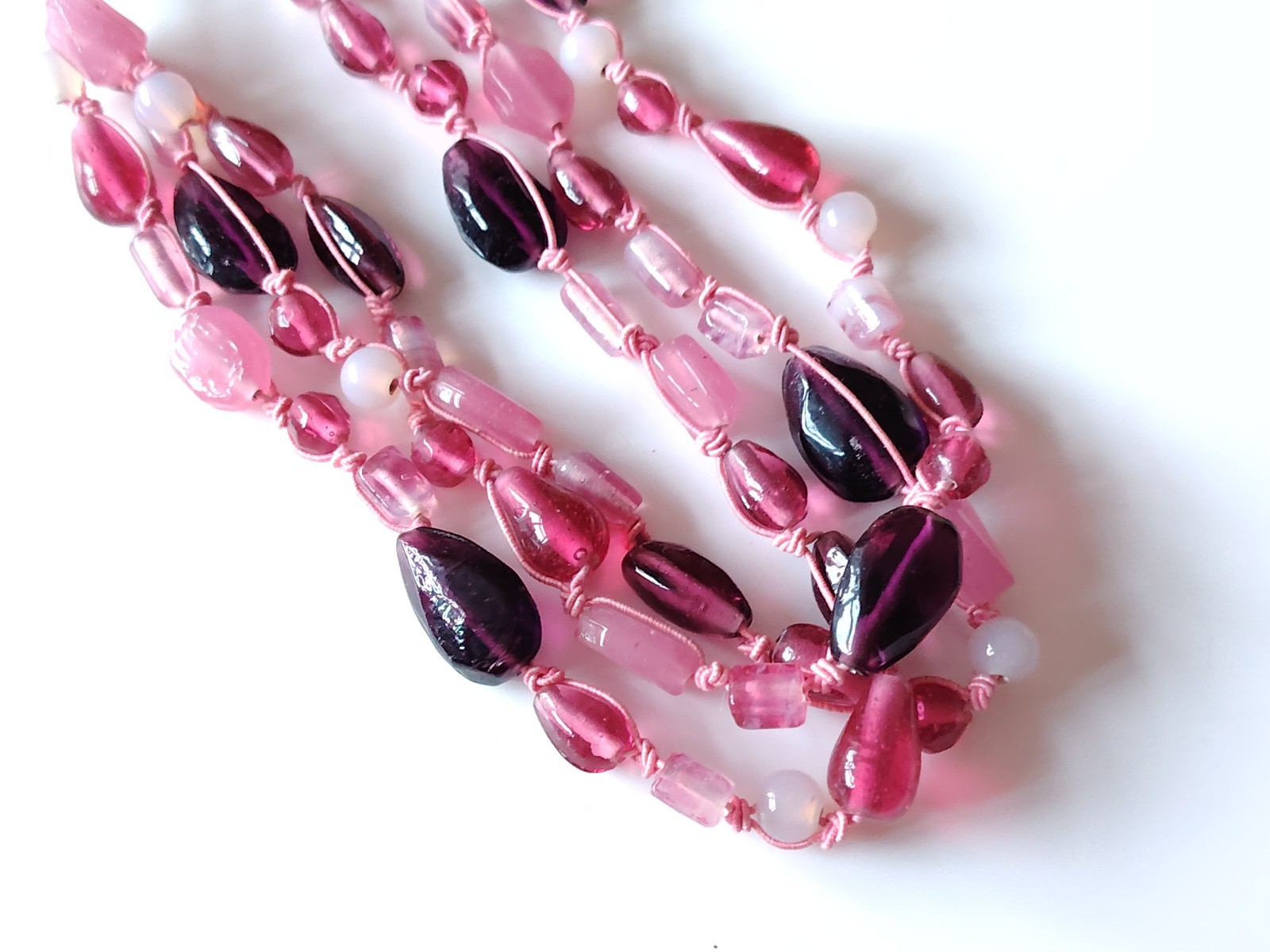 Pink Material Glass Bead Necklace Multi strand Mixed Shape Layering Toggle Clasp