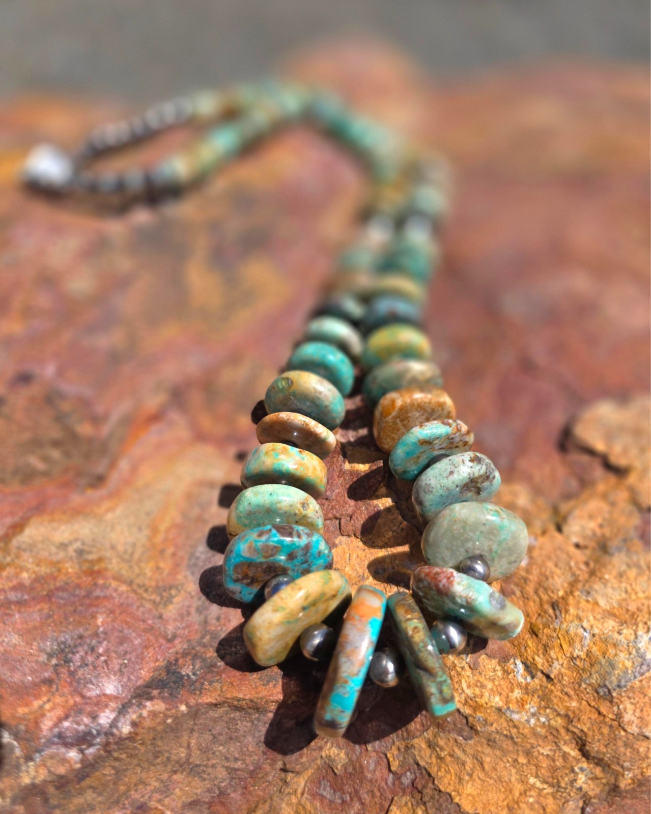 Sterling Silver Natural Hubei Turquoise Graduated Rondelle Beaded Necklace