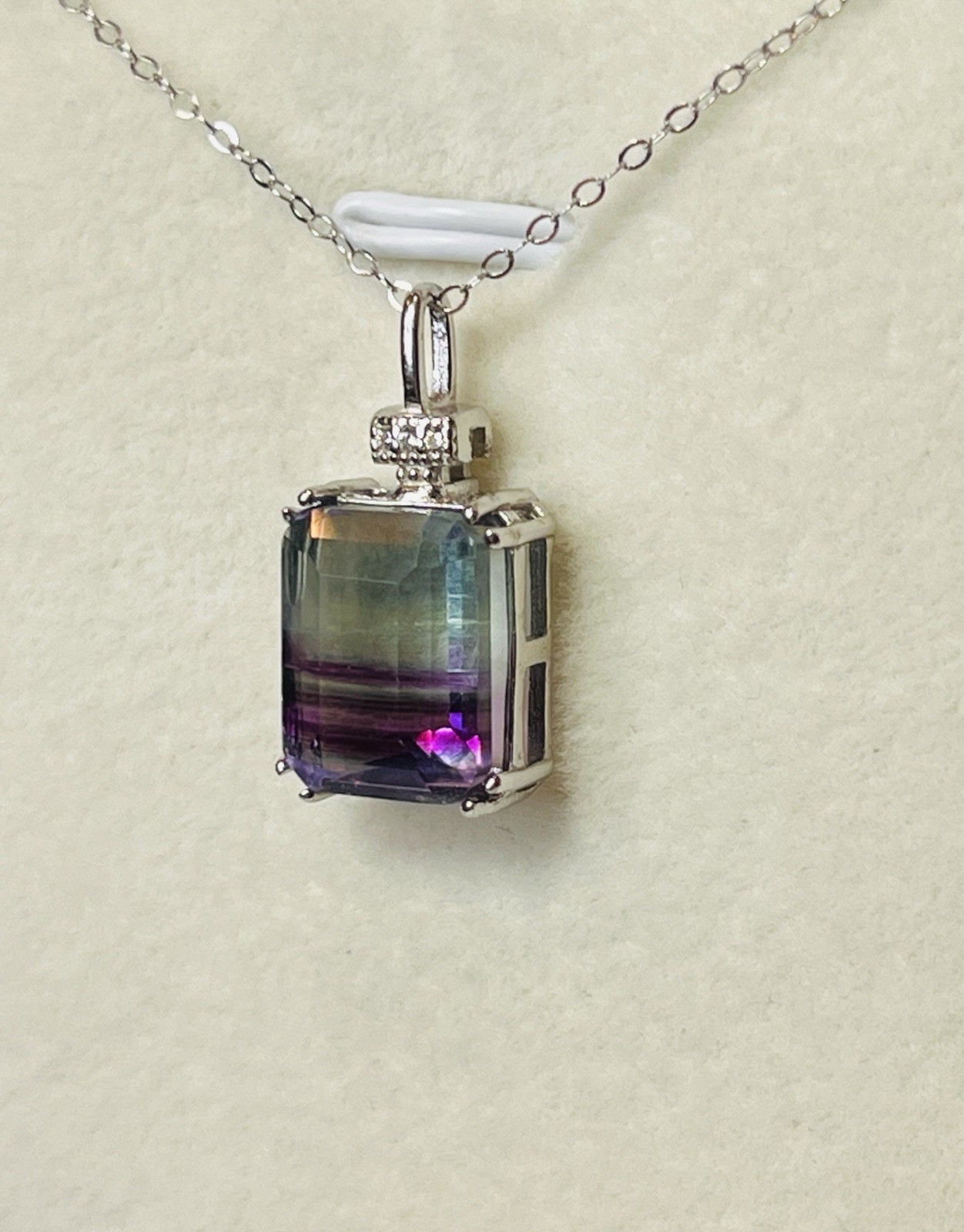 925 Sterling Silver Emerald Cut Natural Rainbow Fluorite Pendant Necklace
