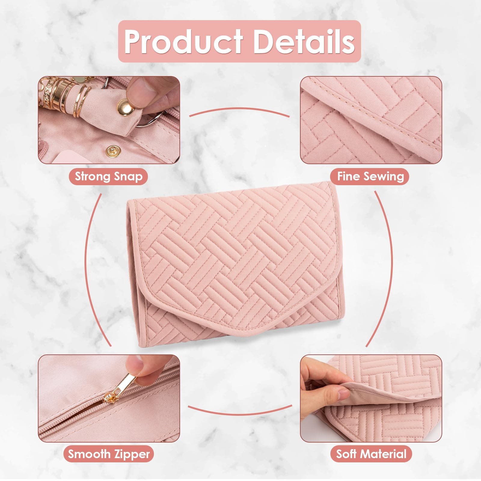 Amrules Travel Jewelry Roll Organizer Bag Foldable and Anti-Lost Small, Pink
