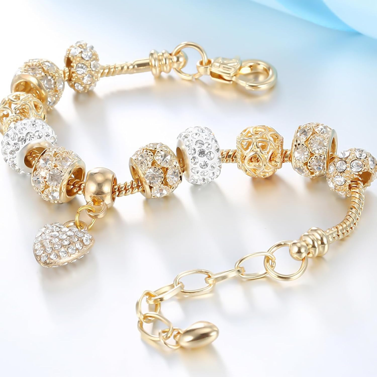 2 Pack Charm Bracelets Pink and Gold Heart Silver 7.5 Inches, Gold/Pink