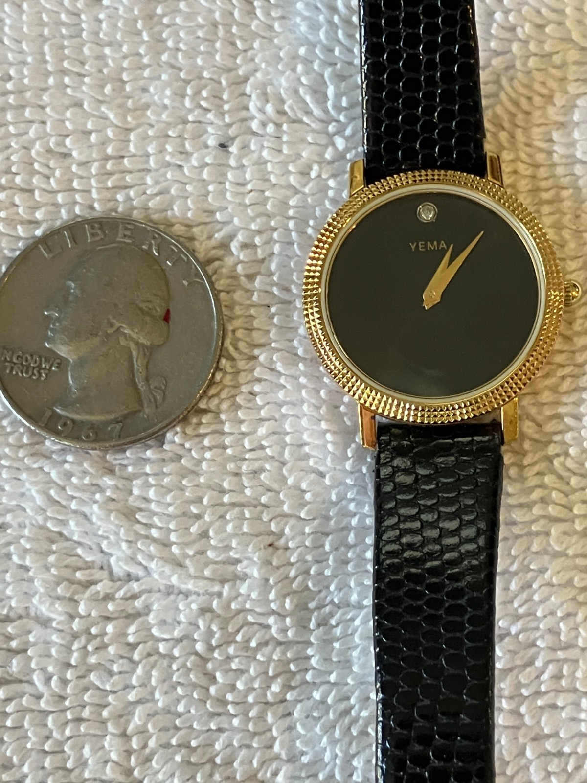 Vintage Yema Paris Quartz Watch Gold Plated Case With Black Strap