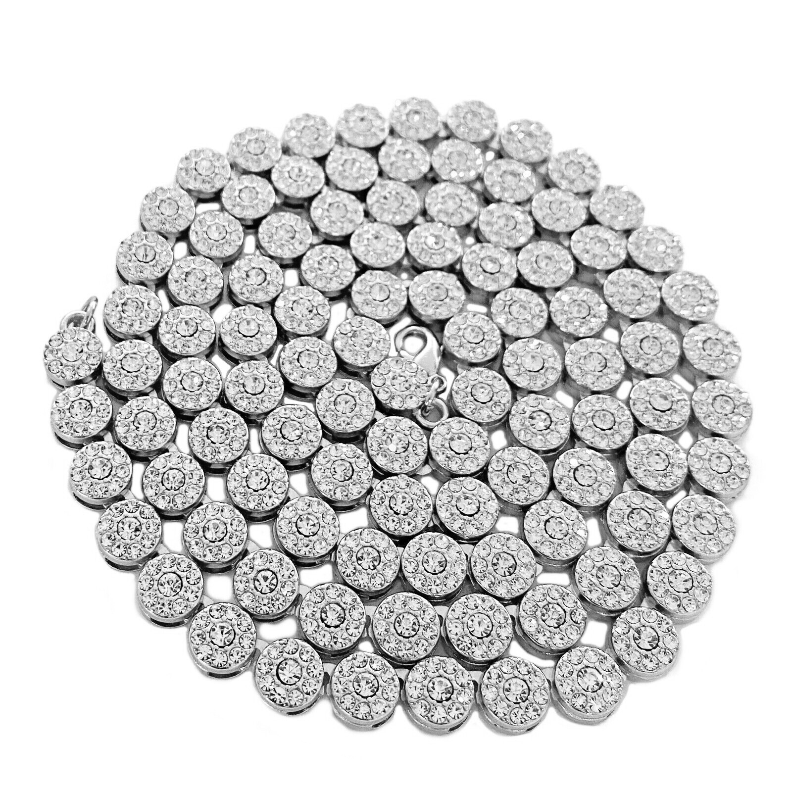 Men’s Flower Cluster Chain Simulated CZ Iced Flooded Out One Row Silver Tone 36″
