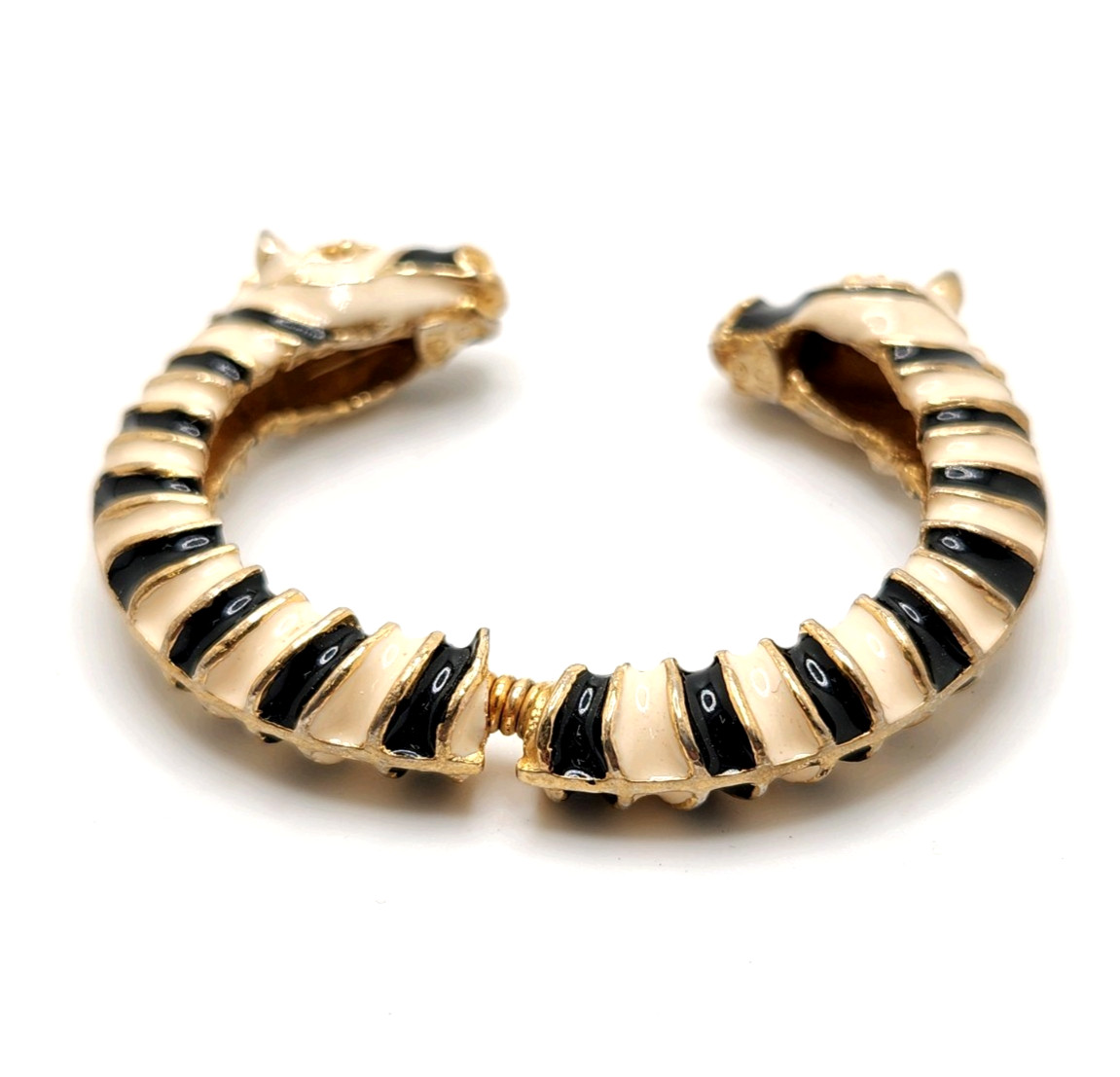 Kenneth Jay Lane Black & Cream Double Zebra Head Enamel Hinged Cuff Bracelet, 6″
