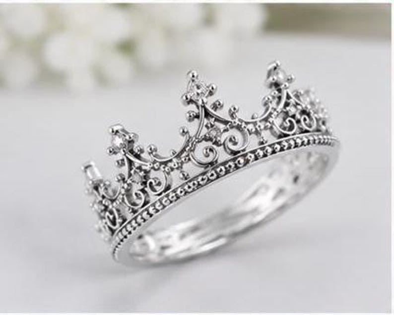 925 Sterling Silver Crown Ring Princess Tiara Queen Filigree Minimalist
