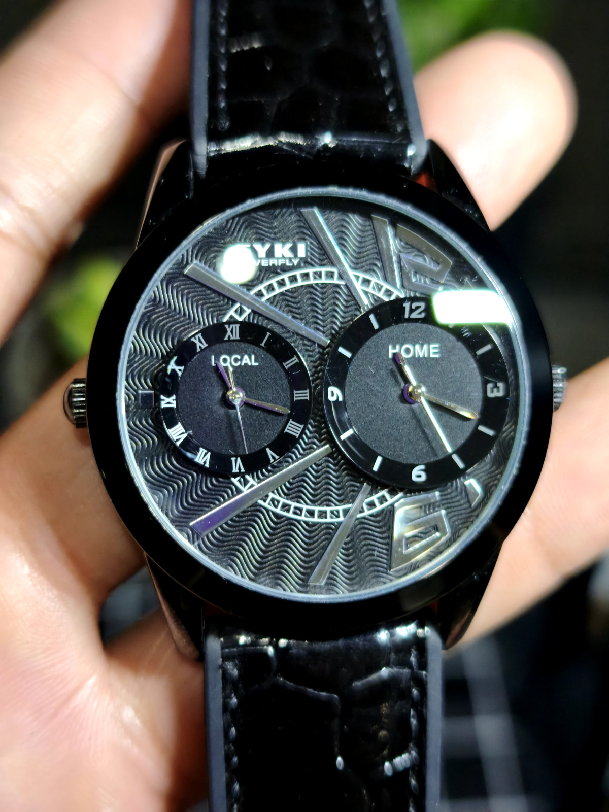 EYKI Overfly Men’s Dual Time Watch All Black Case Wave Dial Quartz