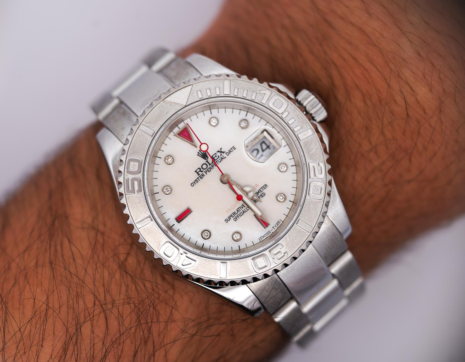 Rolex Yachtmaster 16622 40mm Platinum Bezel Ruby Gem Dial Steel Oyster Watch