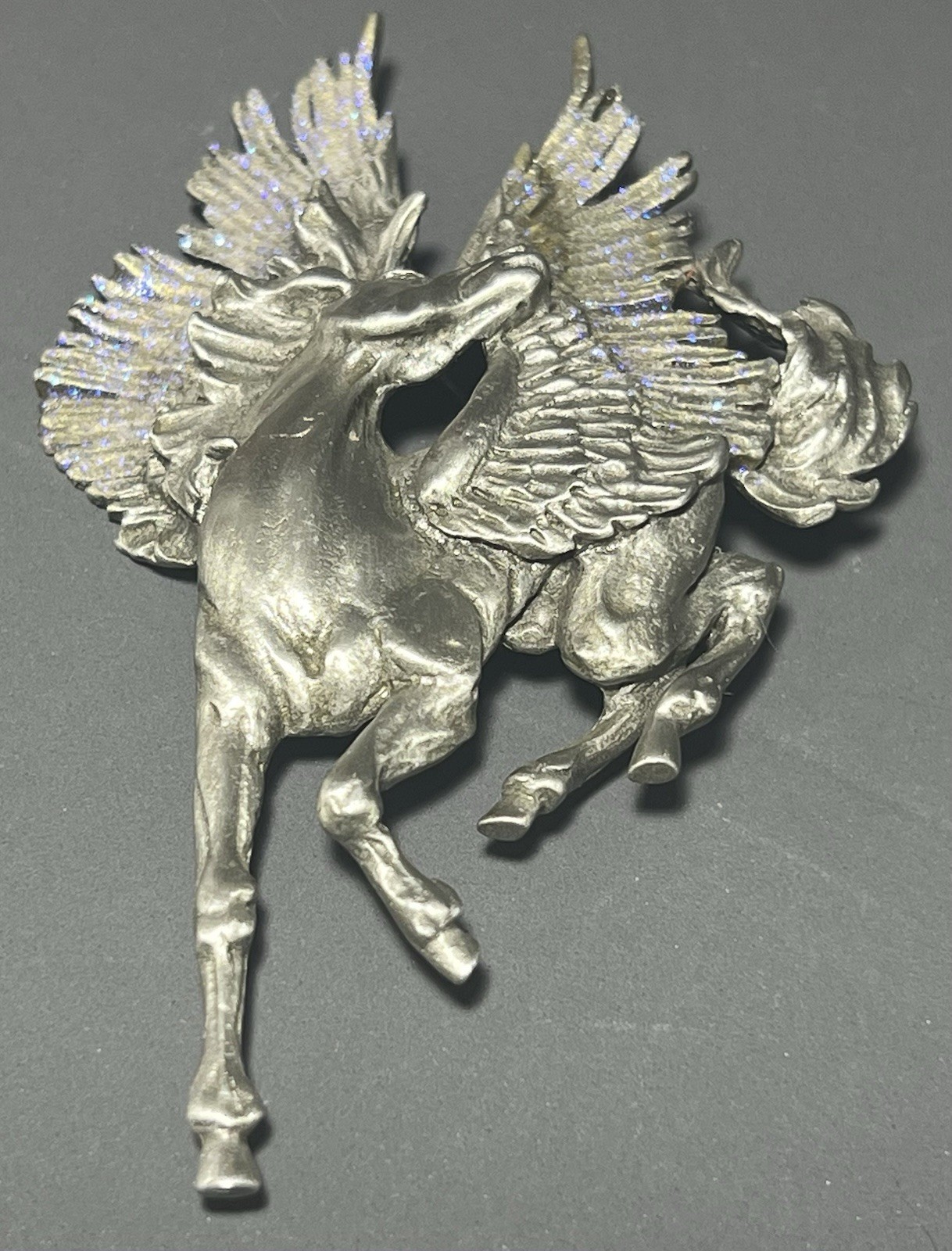 Vintage JJ Jonette Brooch Pewter Horse Pegasus Purple Glitter 3.5 Inches