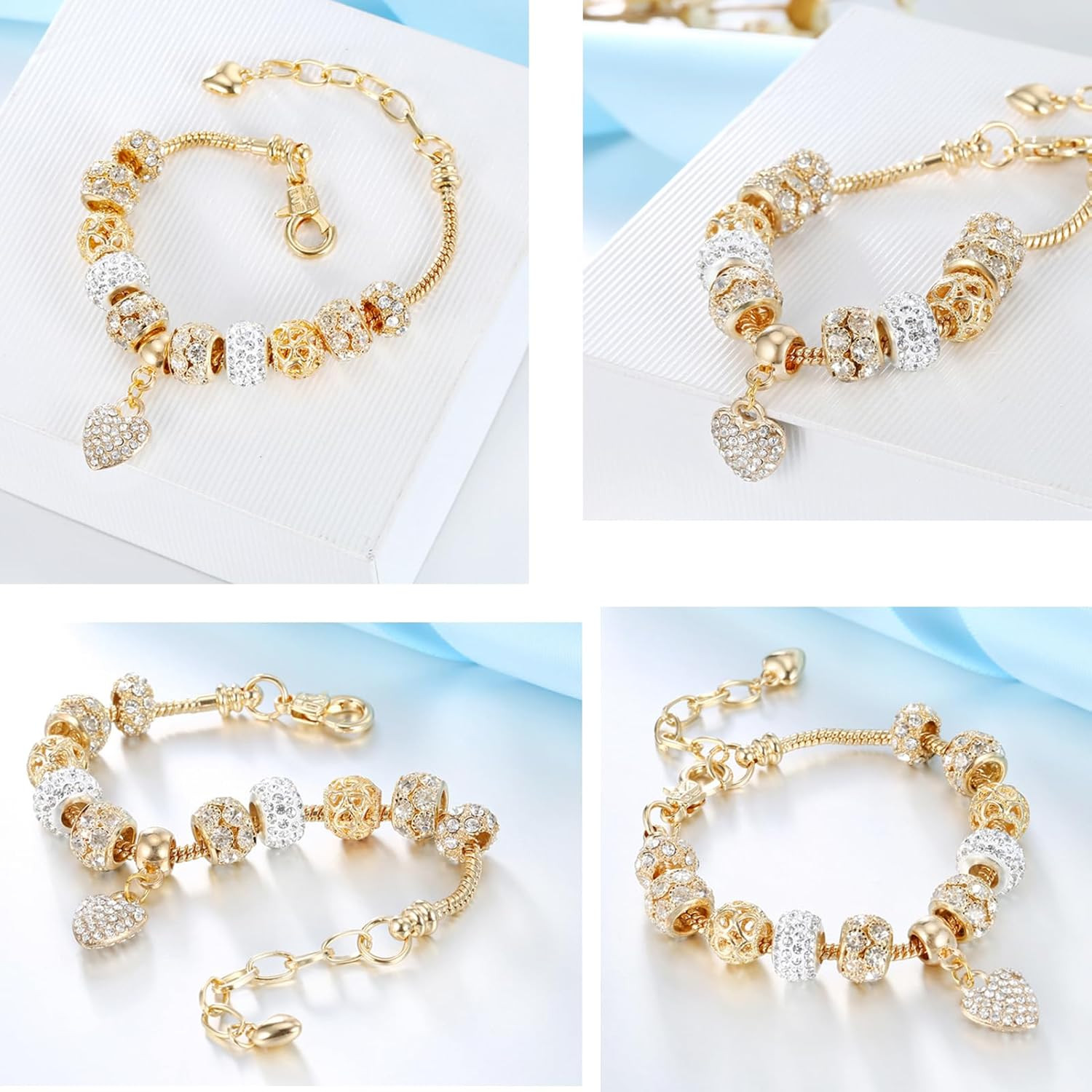2 Pack Charm Bracelets Pink and Gold Heart Silver 7.5 Inches, Gold/Pink