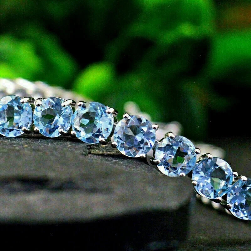 7Ct Round Cut Lab-Created Aquamarine Women Tennis Bracelet 14K White Gold Plated