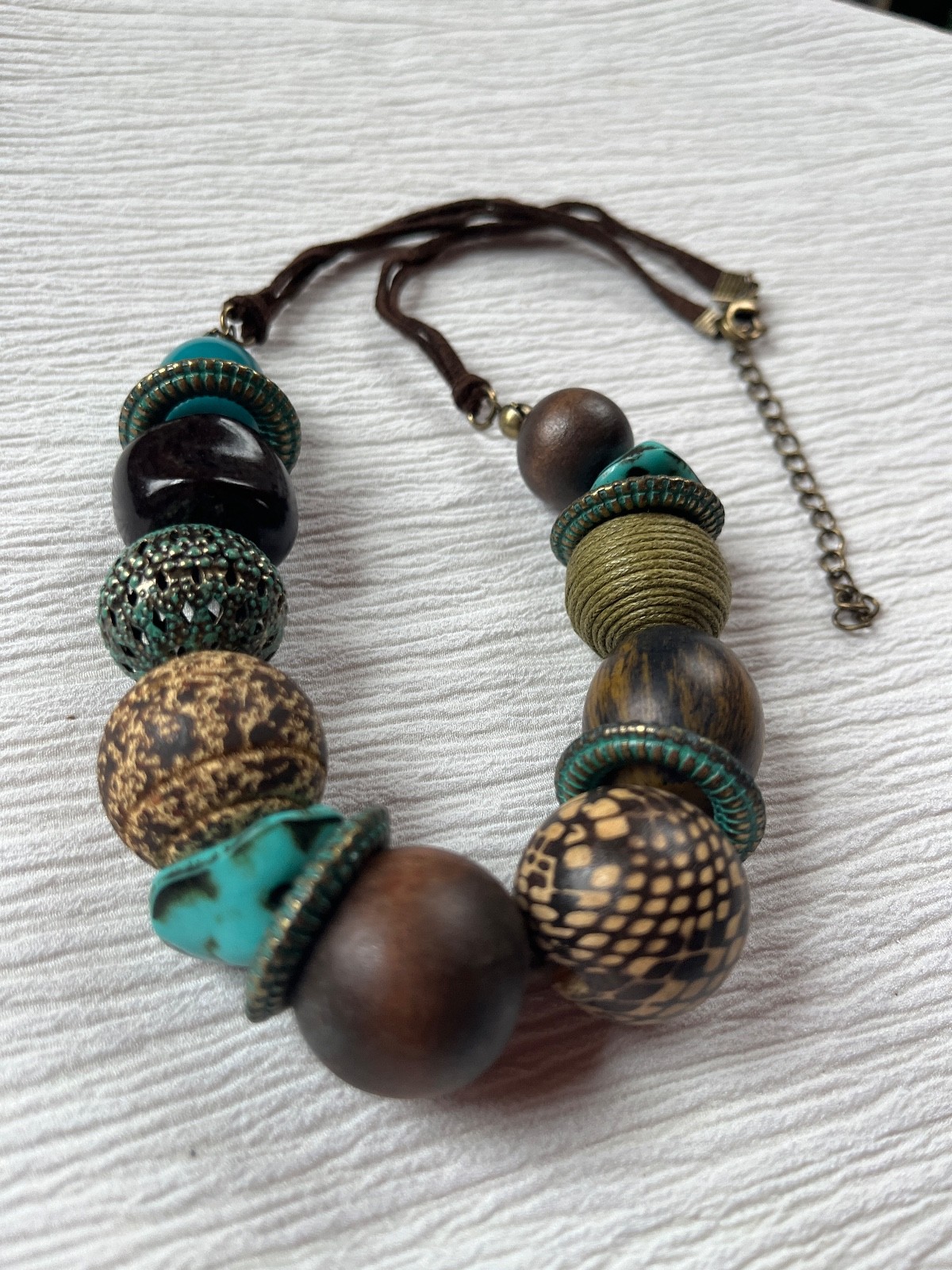 Dark Brown Double Suede Cord w Chunky Turquoise Brown Metal Wood Plastic Bead