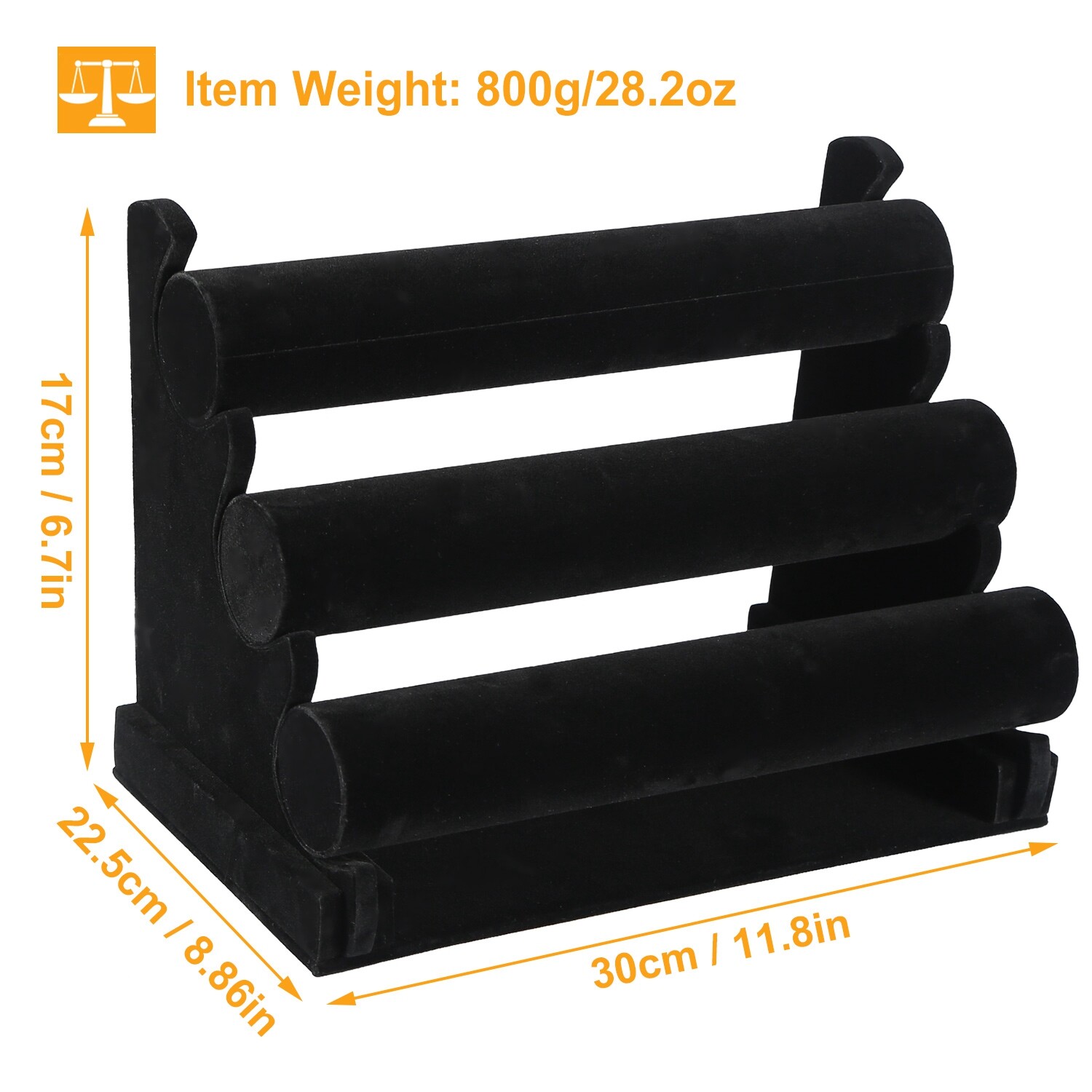 3-Bar Jewelry Watch Bracelet Chain Holder Display Stand Organizer Black Velvet