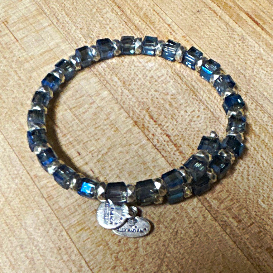 ALEX & ANI Blue Crystal Cube Bead Stretch Bracelet Silver Tone