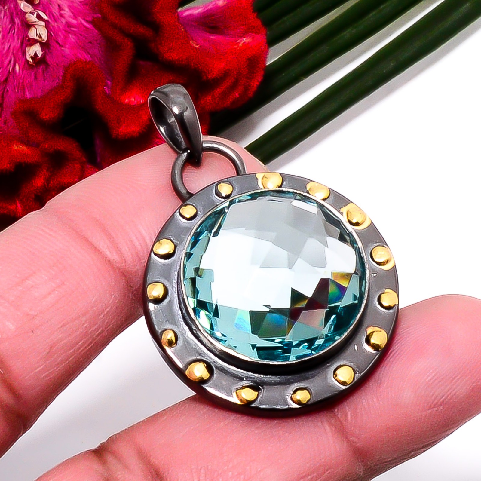 Apatite Black And Gold Plated Designer 925 Sterling Silver Pendant 1.64″ Sku49