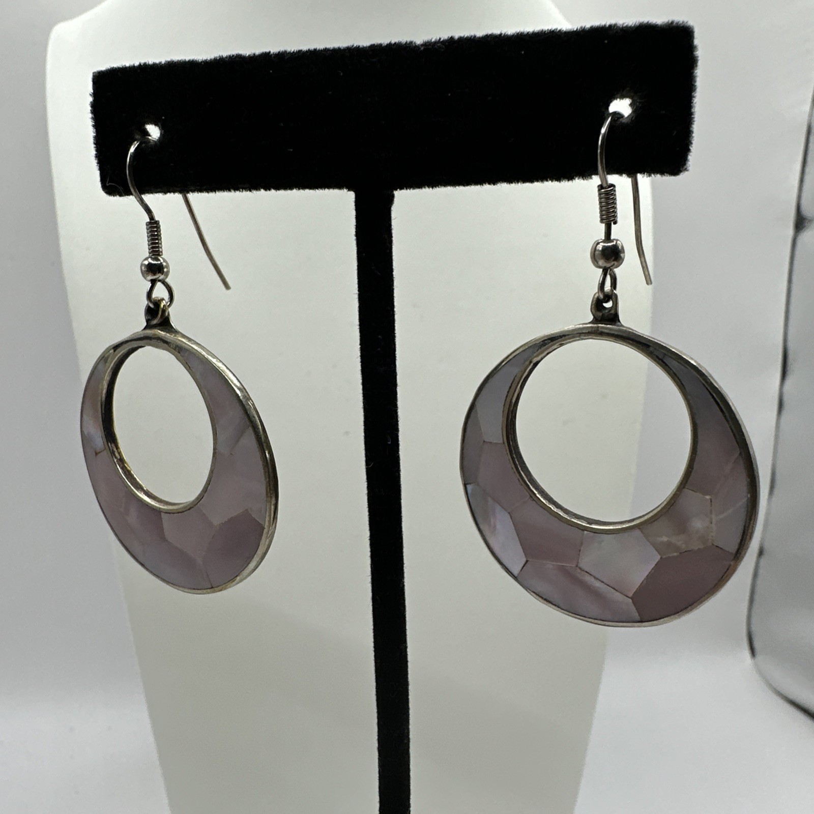Vtg Mexico Alpaca Silver Shell Earrings Pink White Beige Mother of Pearl Dangle