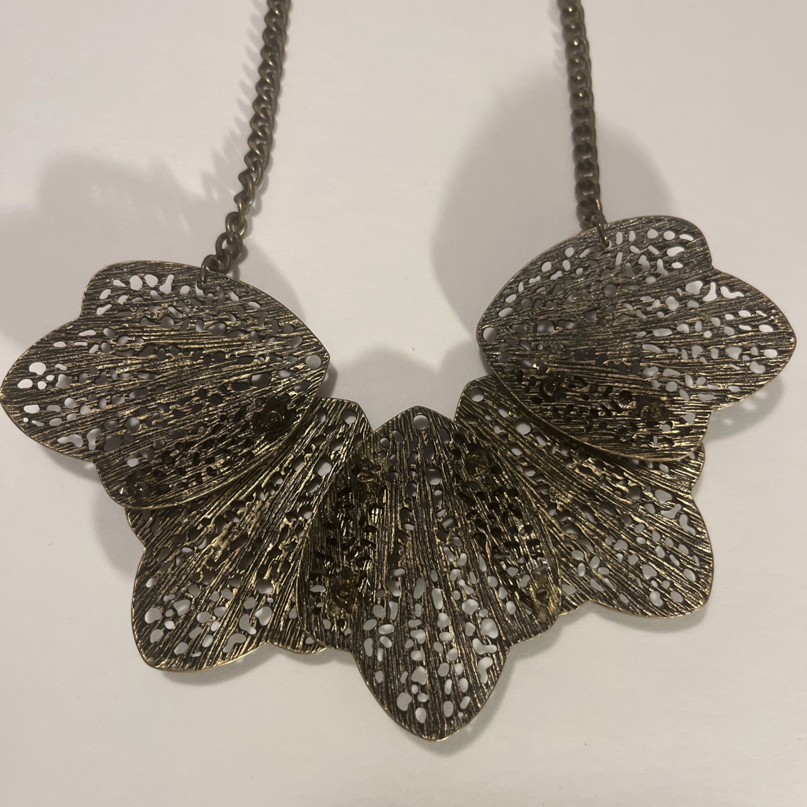 Antique Brass Statement Necklace Filagree Leaves 21 Inches Fashion Jewelry