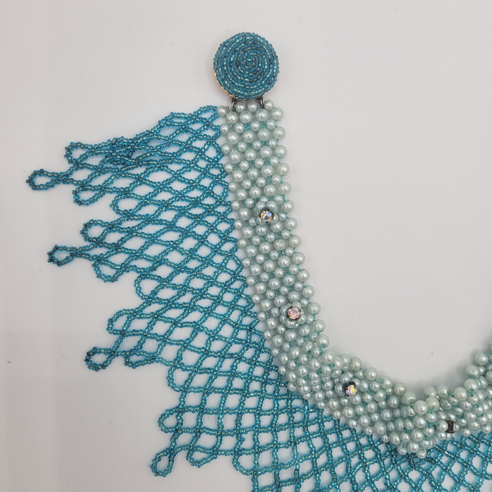 Woven Seed Bead Choker Collar Necklace Bib Teal Faux Pearl & Rhinestone