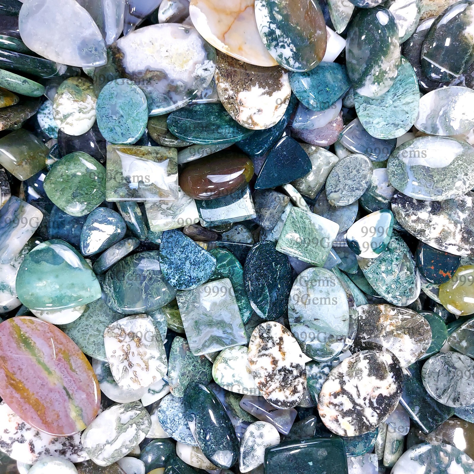 30 Pcs Green Moss Agate Mix Shape Loose Cabochone Bulk Lot For Jewelry 15-40mm