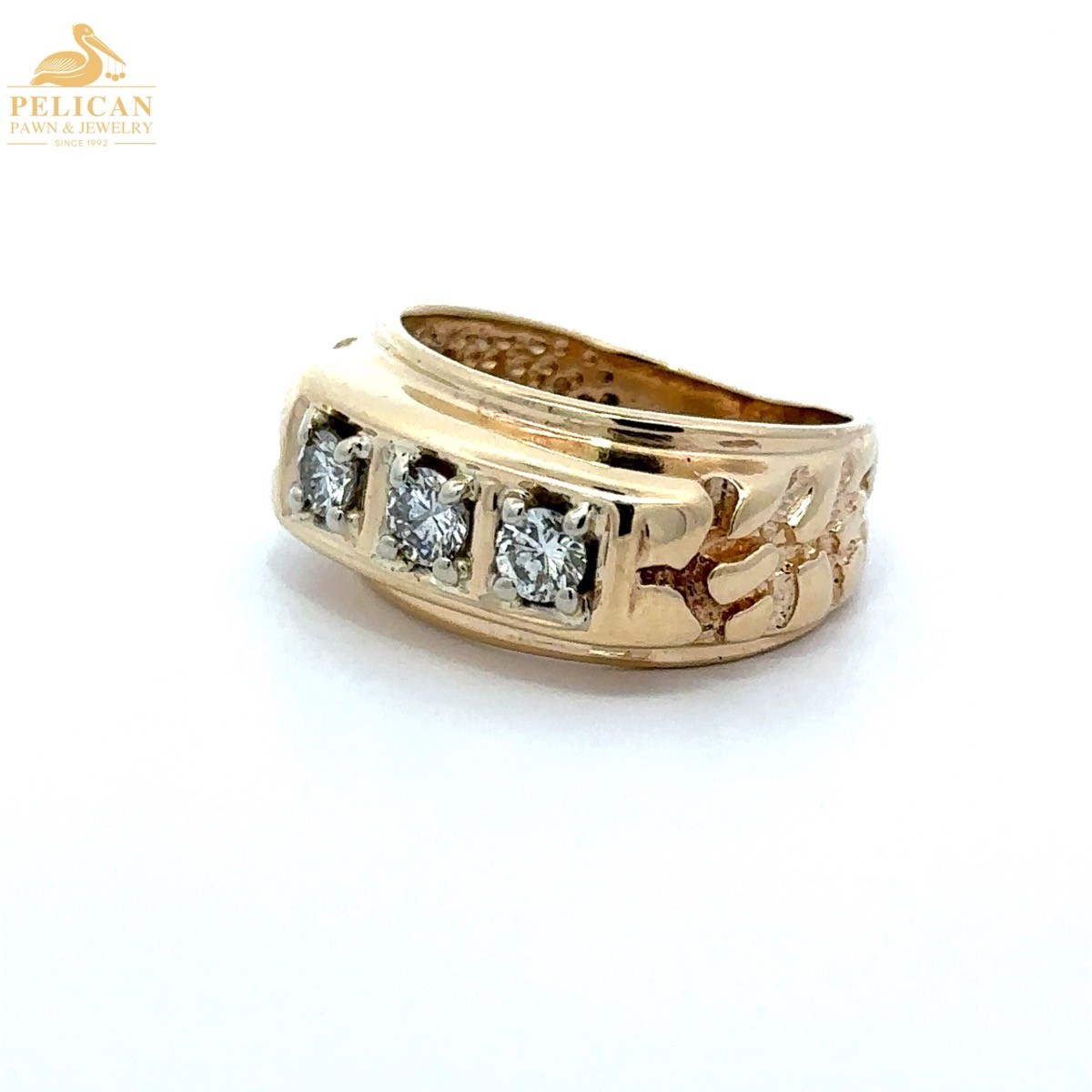 Retro Three-Stone Diamond Gold Nugget Ring 10KT Yellow Gold SZ 6.5 (PSH044027)