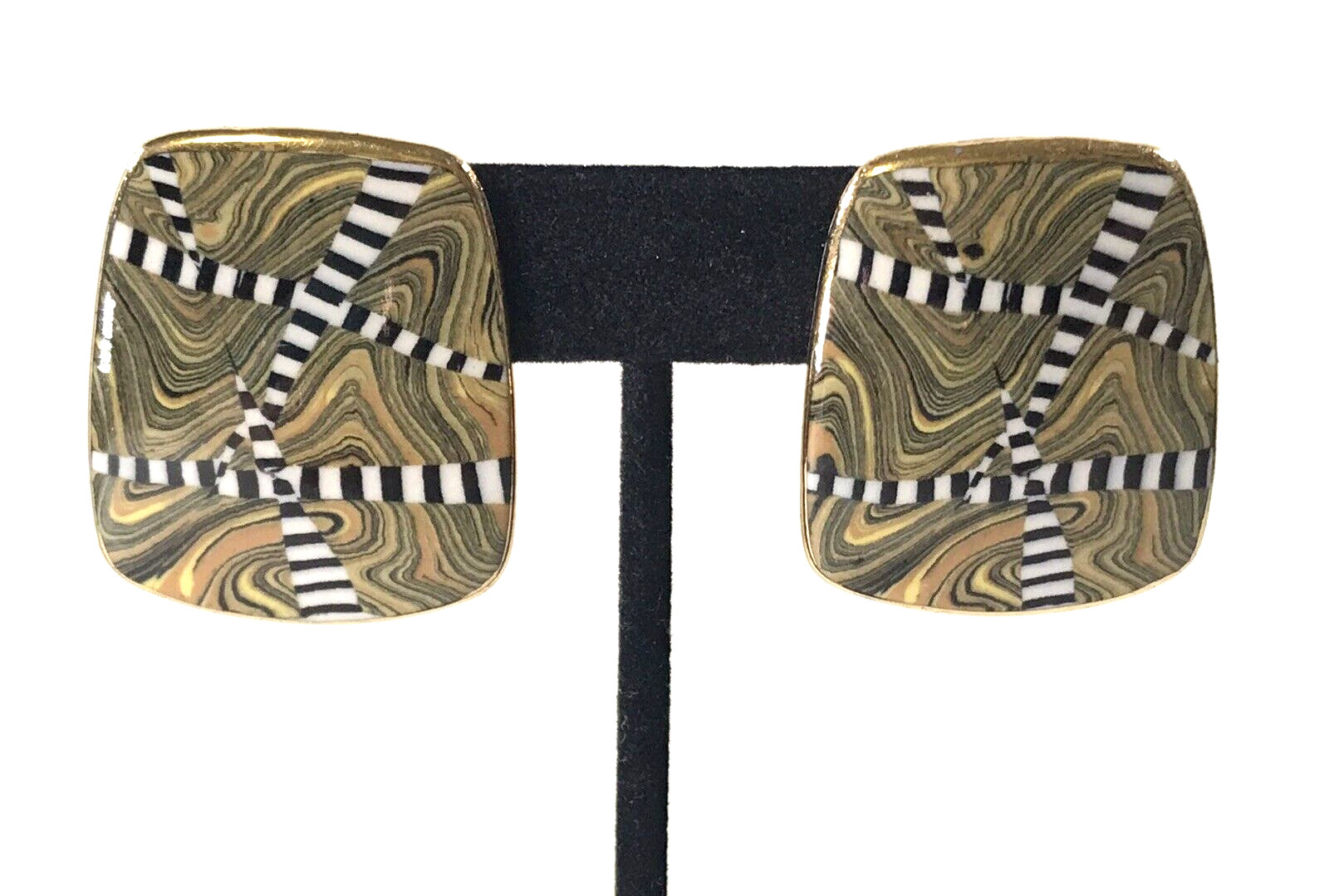 Vintage Gold Black White Stripes Rounded Rectangular Pierced Earrings Estate