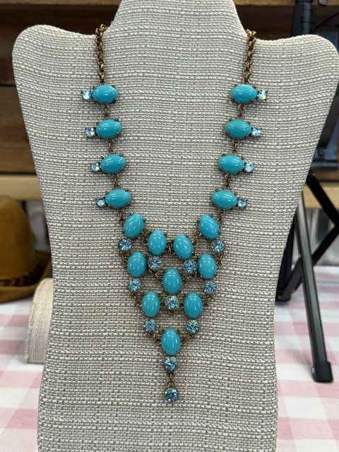 Blue Cabochon & Rhinestone Bib Statement Necklace Gold Tone Adjustable