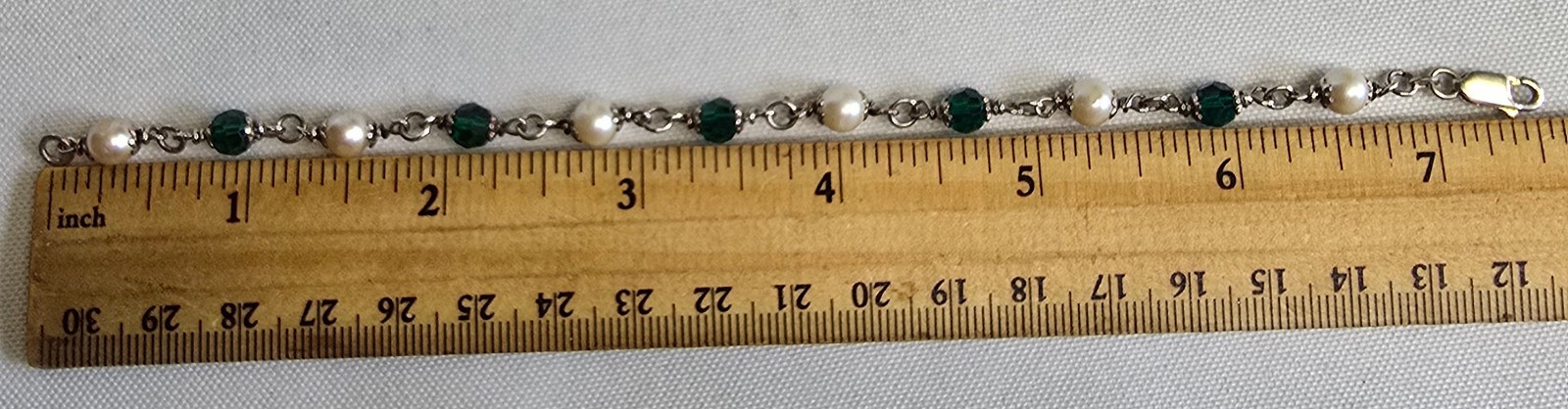 Sterling Silver Bracelet 7.36g Jewelry 7.5″ Faux Pearls & Green Stones *READ*