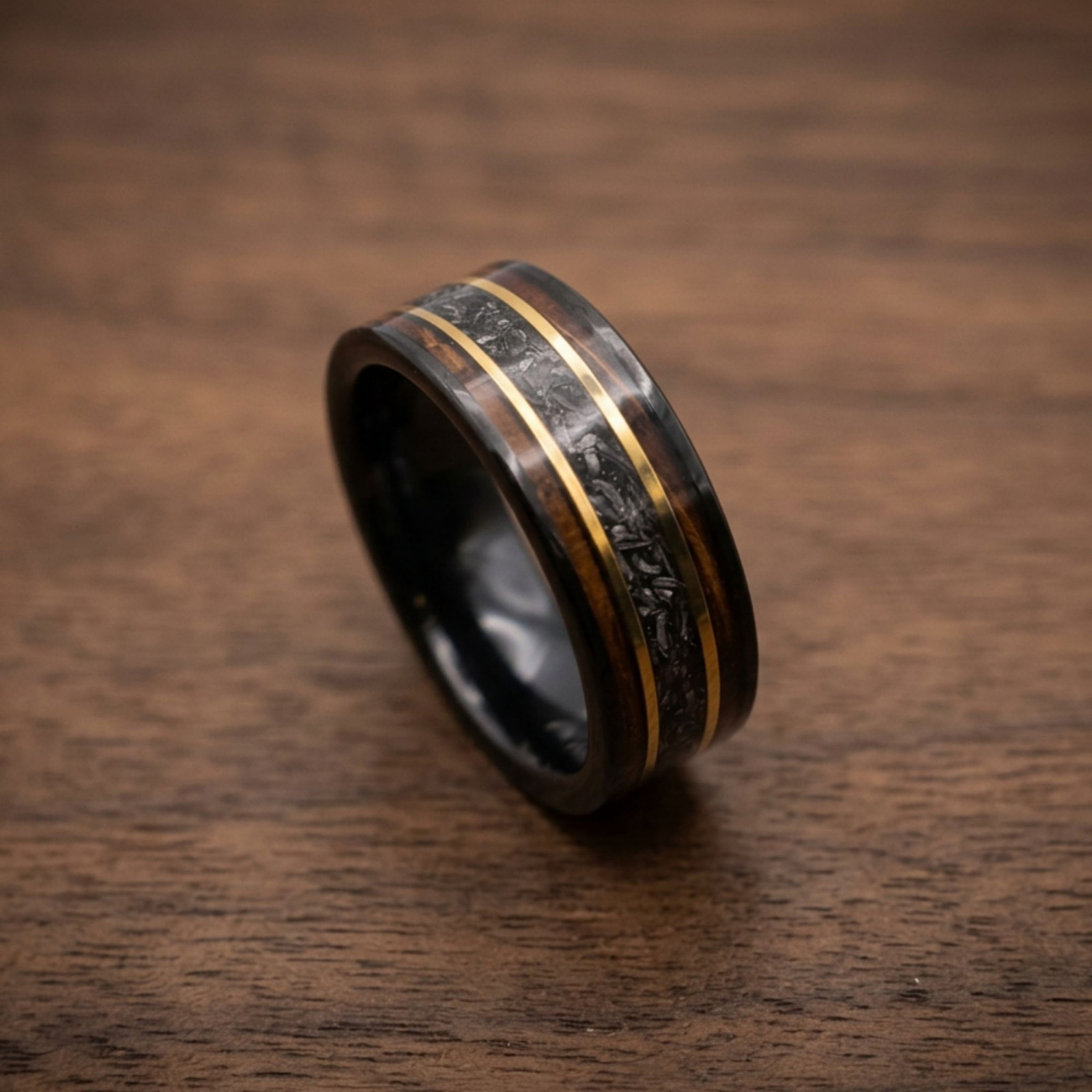 Meteorite Whiskey Barrel Wood Ring Black Tungsten Mens Wedding Band 8mm