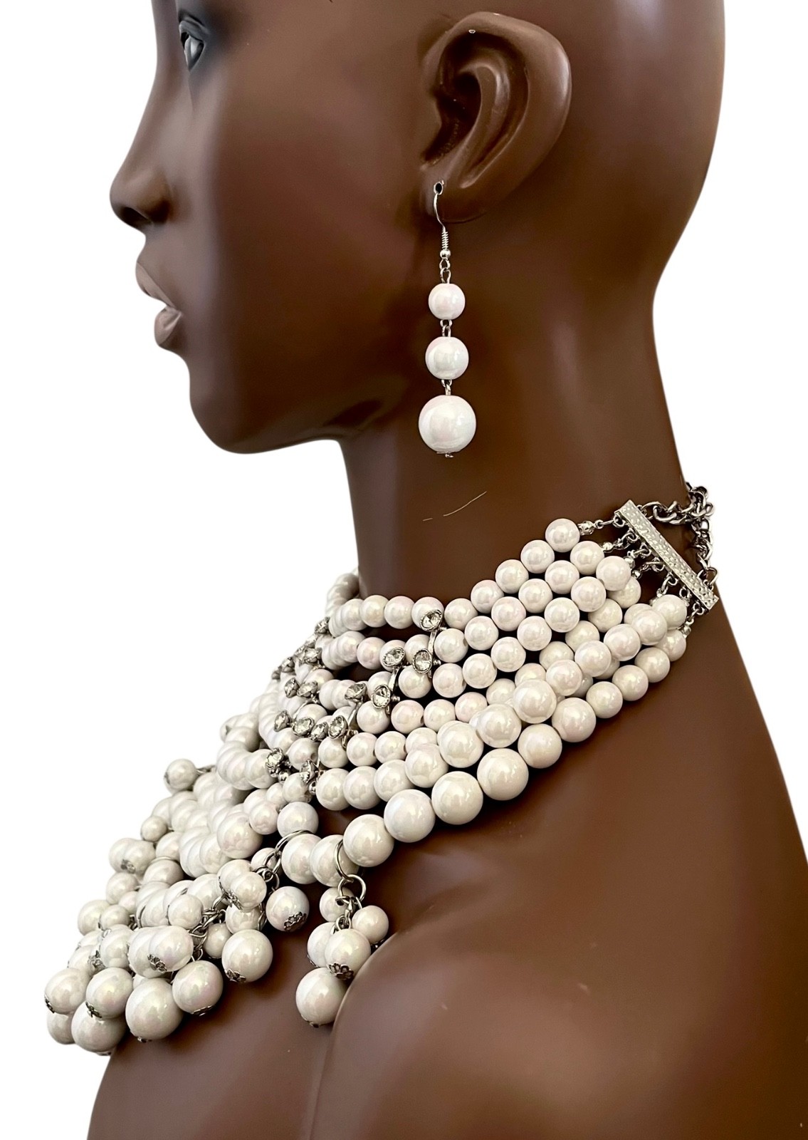 White Beads Clear Crystal Statement Burlesque Inspired Bib Necklace Earrings Set