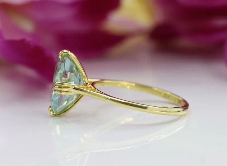 RARE 3Ct Cushion Cut Blue Treated Moissanite Solitaire Wedding Ring 14K Gold FN
