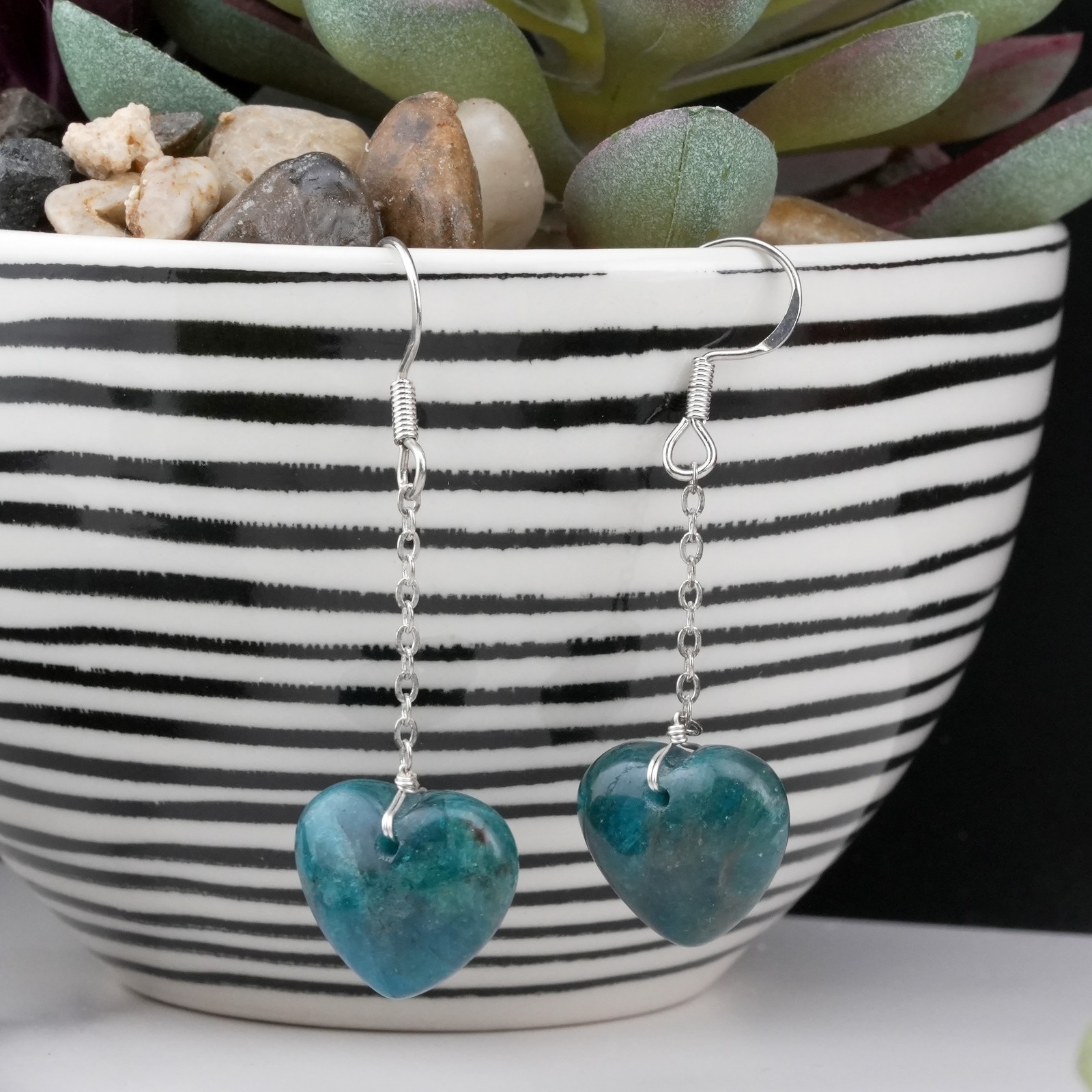 Blue Apatite 925 Silver Puffy Heart Drop Earrings Natural Crystal Jewelry Gift