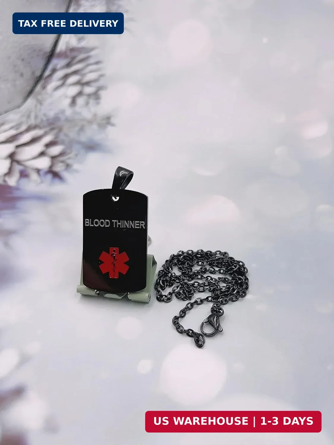 BLOOD THINNER Medical Alert Necklace Black Engraved Stainless Steel Medical ID T