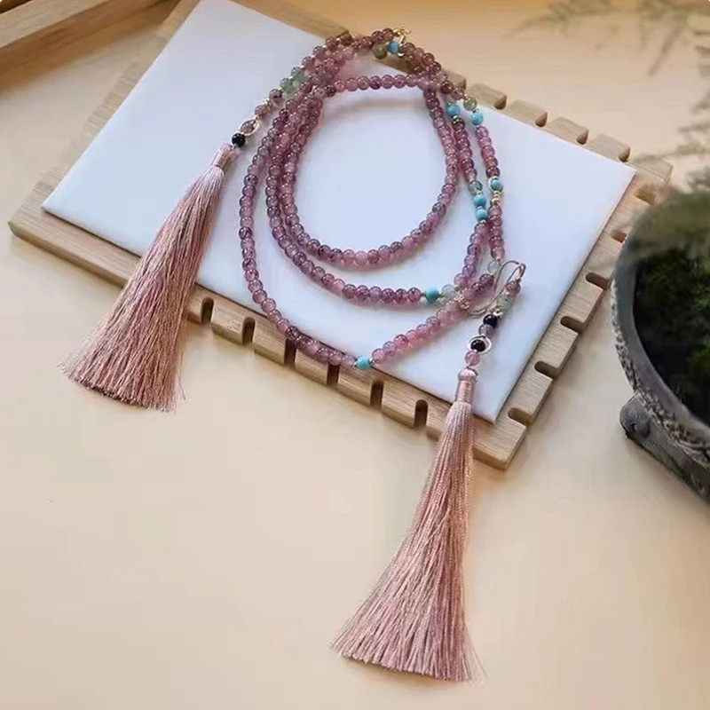 Retro Ethnic Style Necklace Chinese Style Beaded Tassel Choker Natural Stone Pra