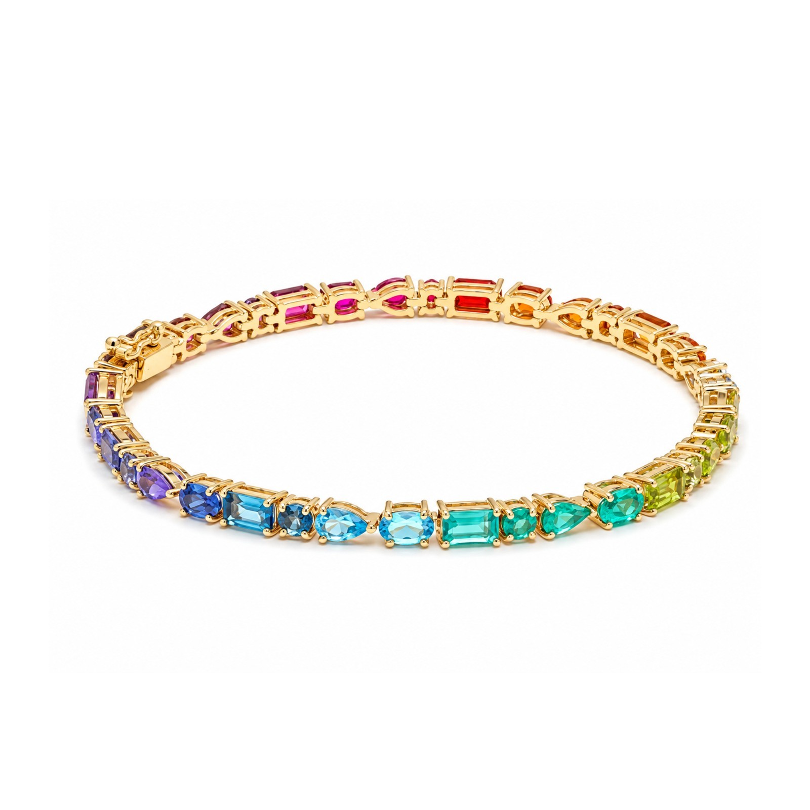 Multi Shape Rainbow Gemstone Tennis Bracelet In 14K Yellow Gold Handmade Jewelry