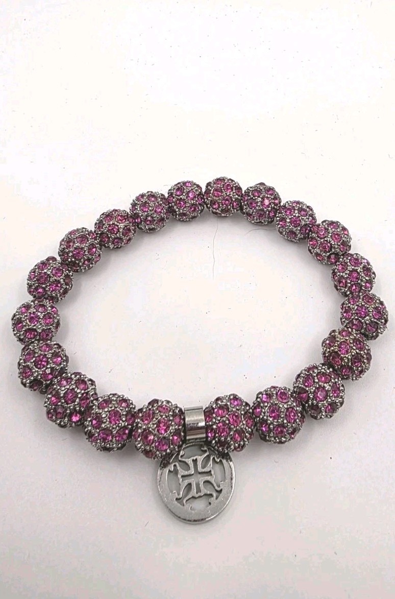 Rustic Cuff Emerson Pink Fuschia Crystal Shamballa Bead Stretch Bracelet & Charm