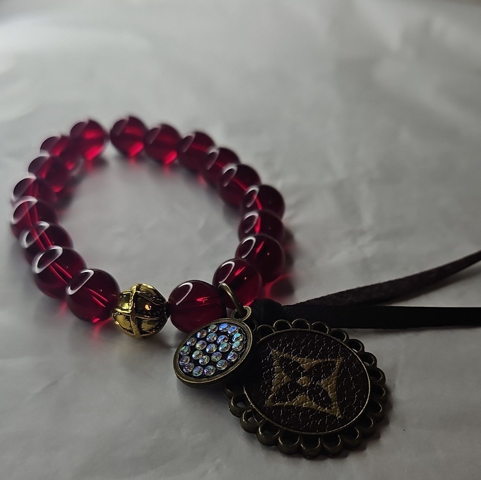 Red/Gold/Black Beaded Stretch Bracelet w/ Dangle Charm Crystal Disc Tassel
