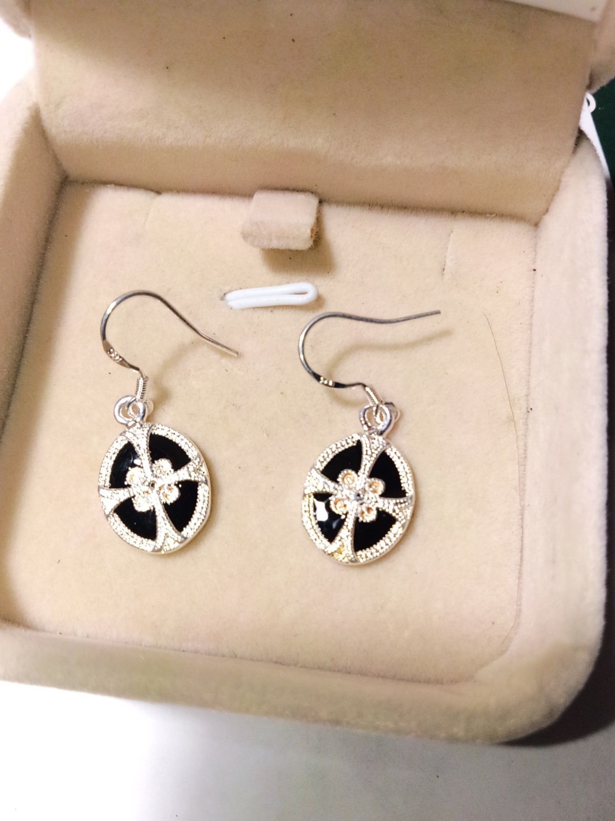 Silver Black Round Flower Crystal Dangle/Drop Earrings, Hook Closure