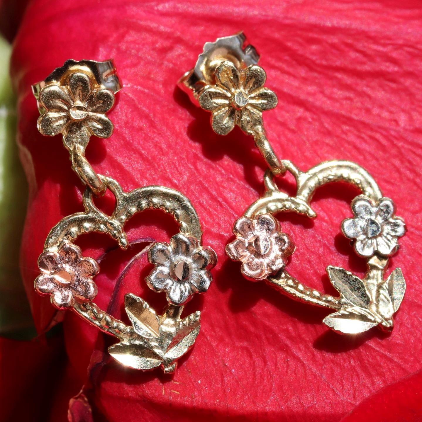 14k gold multi tone earrings 0.75″ dangle rose heart vintage 1.8g Fortunoff N280