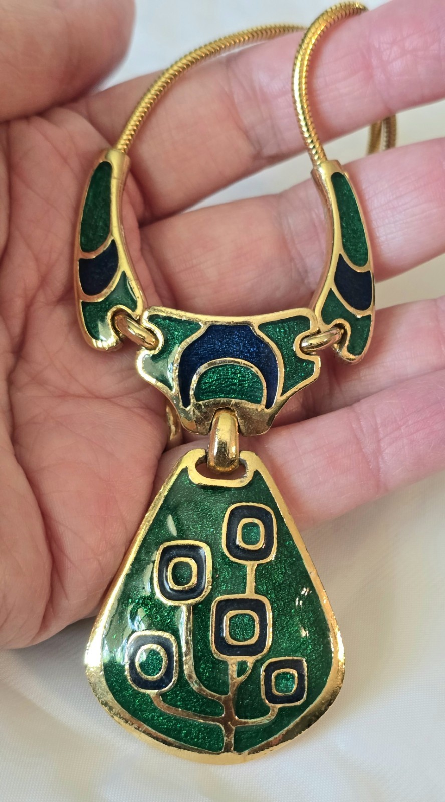 Vintage 1970s Blue & Green Enamel Gold Tone Collar Necklace, made in Thailand
