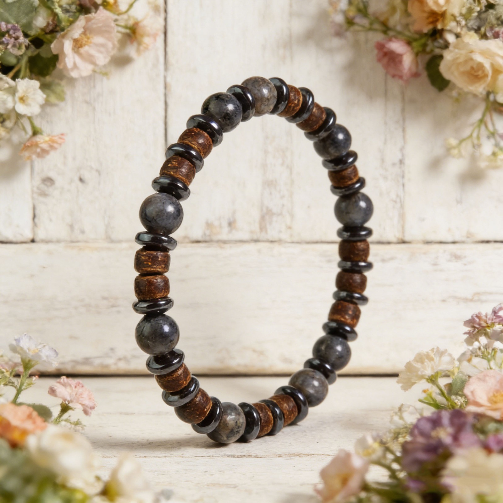 Larvikite Hematite Beaded Wood Coconut Shell Healing Crystal Women Men Bracelet