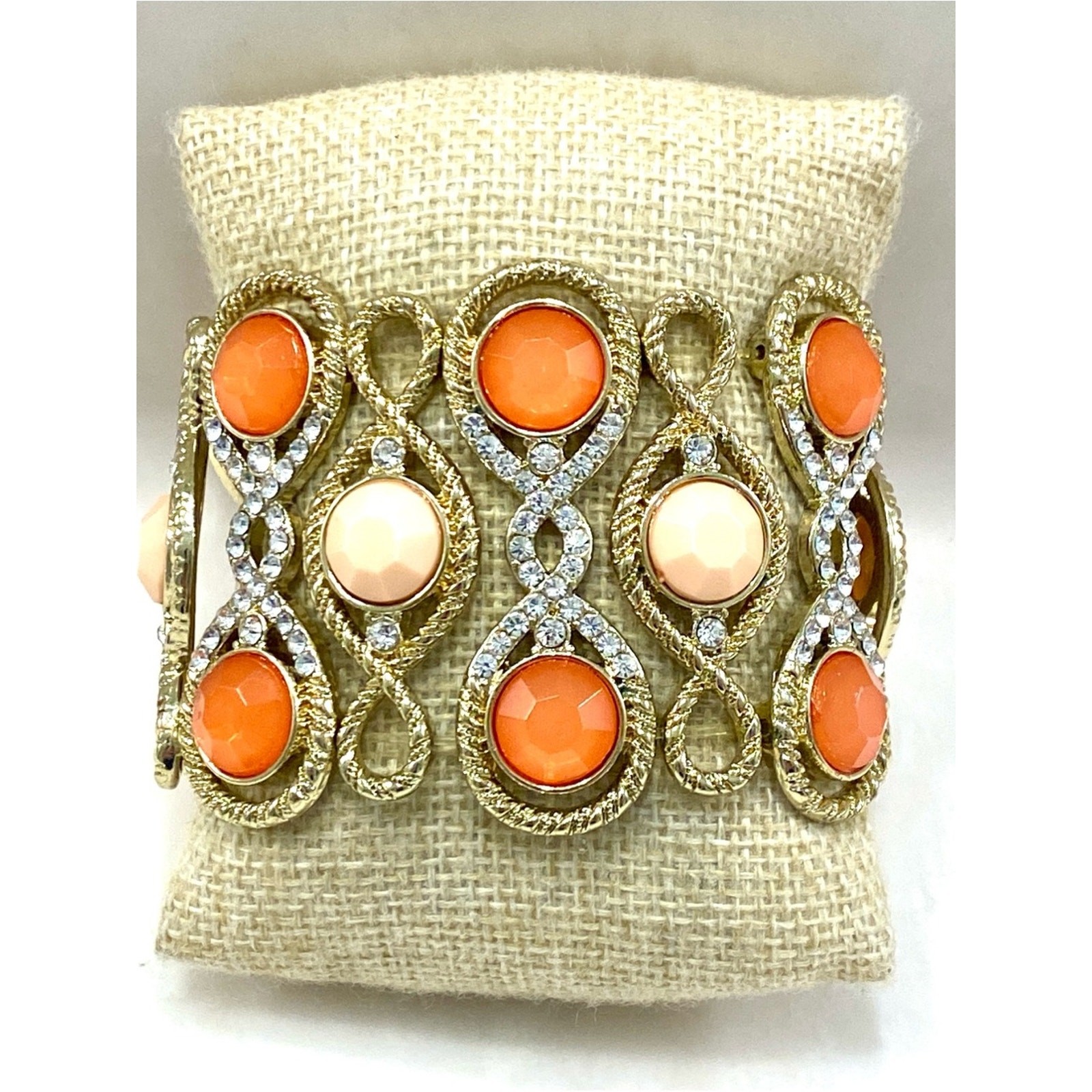 Vintage Gold-Tone Orange & Peach Crystal Link Cuff Bracelet