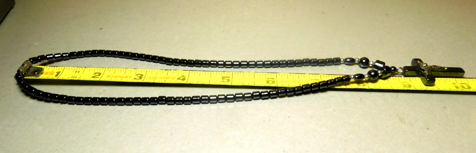 Unbranded~Hematite Metallic Luster Turn-Lock Necklace with Cross Pendant 18″