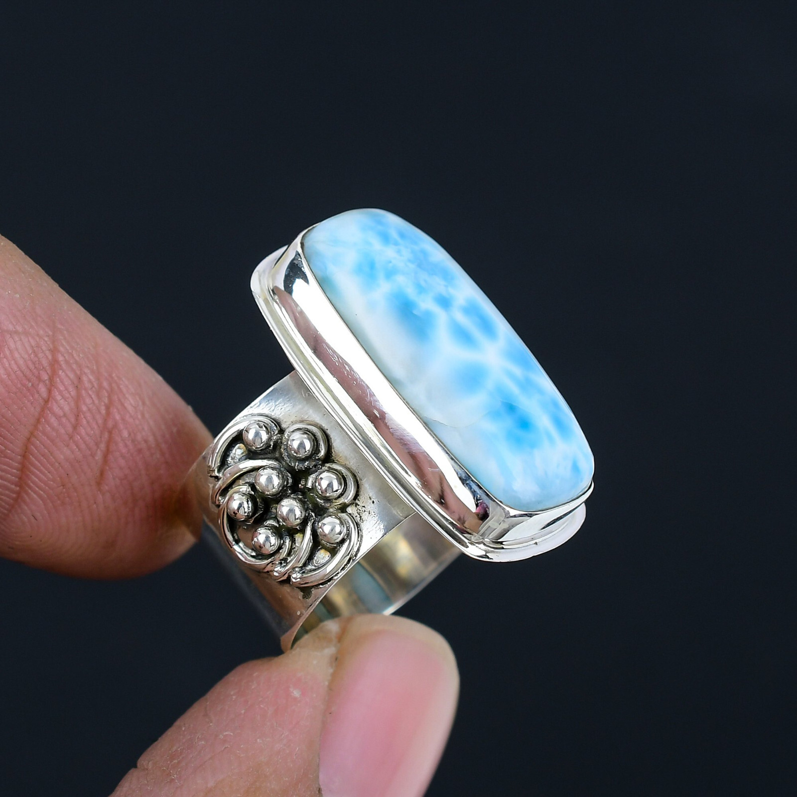 Larimar Gemstone Solid 925 Sterling Silver Handmade Statement Ring Jewelr CS-074