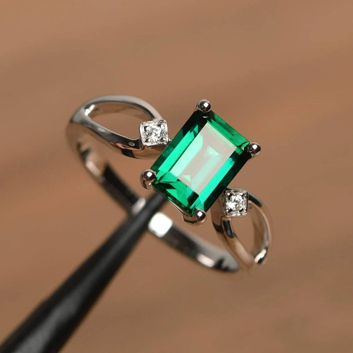 2.00 Ct Emerald Cut Natural Emerald & Diamond Wedding Ring 925 Sterling Silver