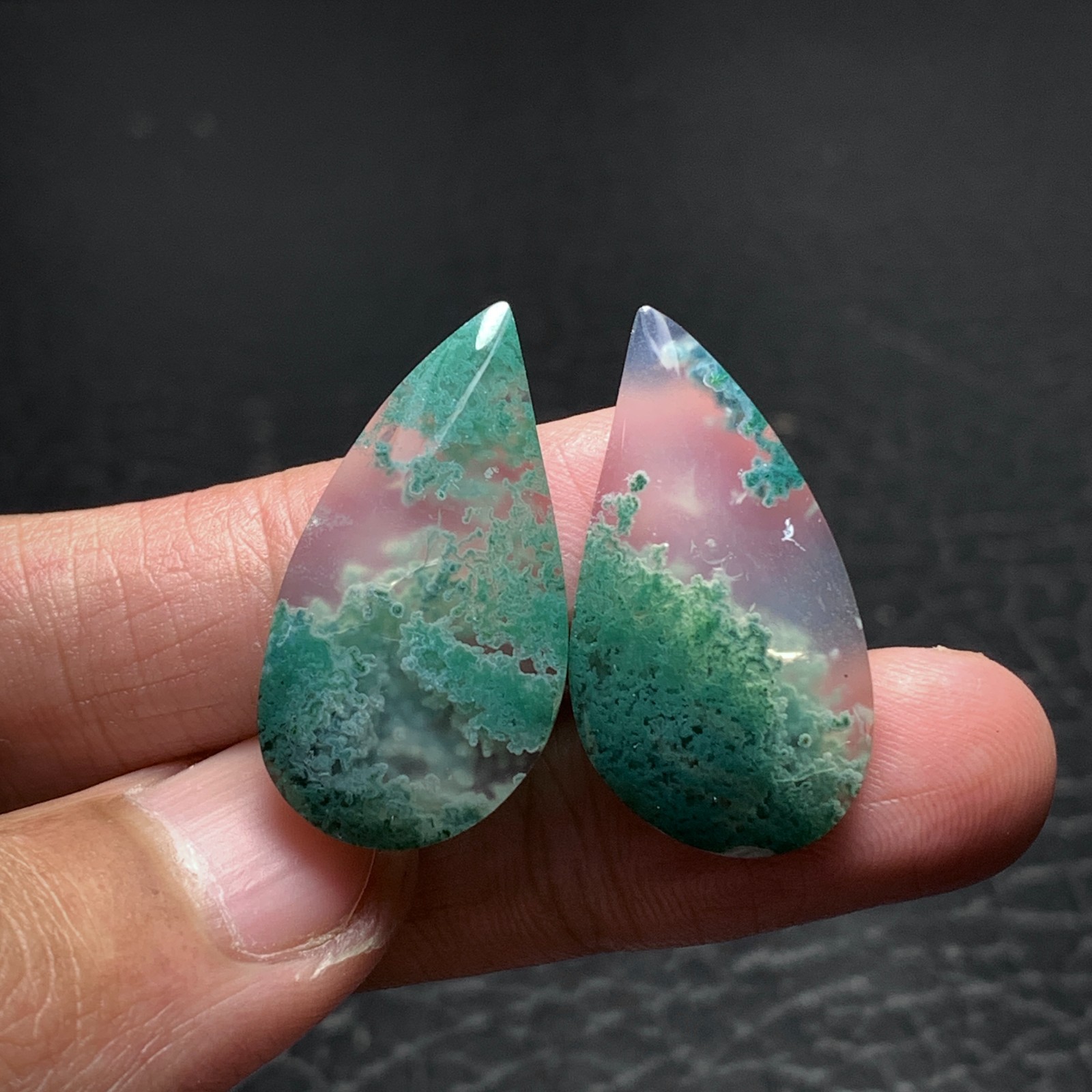 Scenic Moss Agate Cabochon Pair 29x16x5.5mm High Quality 16 ct (each)